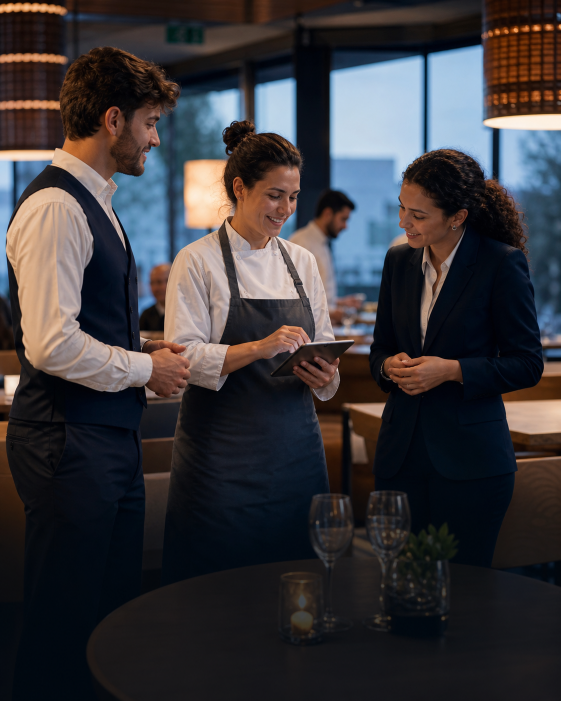 Equipa de hotelaria a coordenar um turno num restaurante